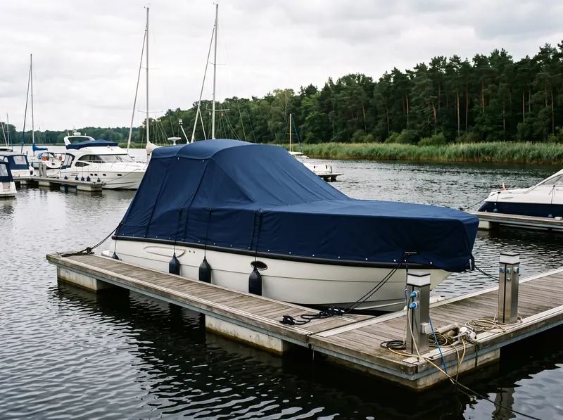 Motorjacht am Schwimmsteg mit maßgefertigter dunkelblauer Hafenpersenning
