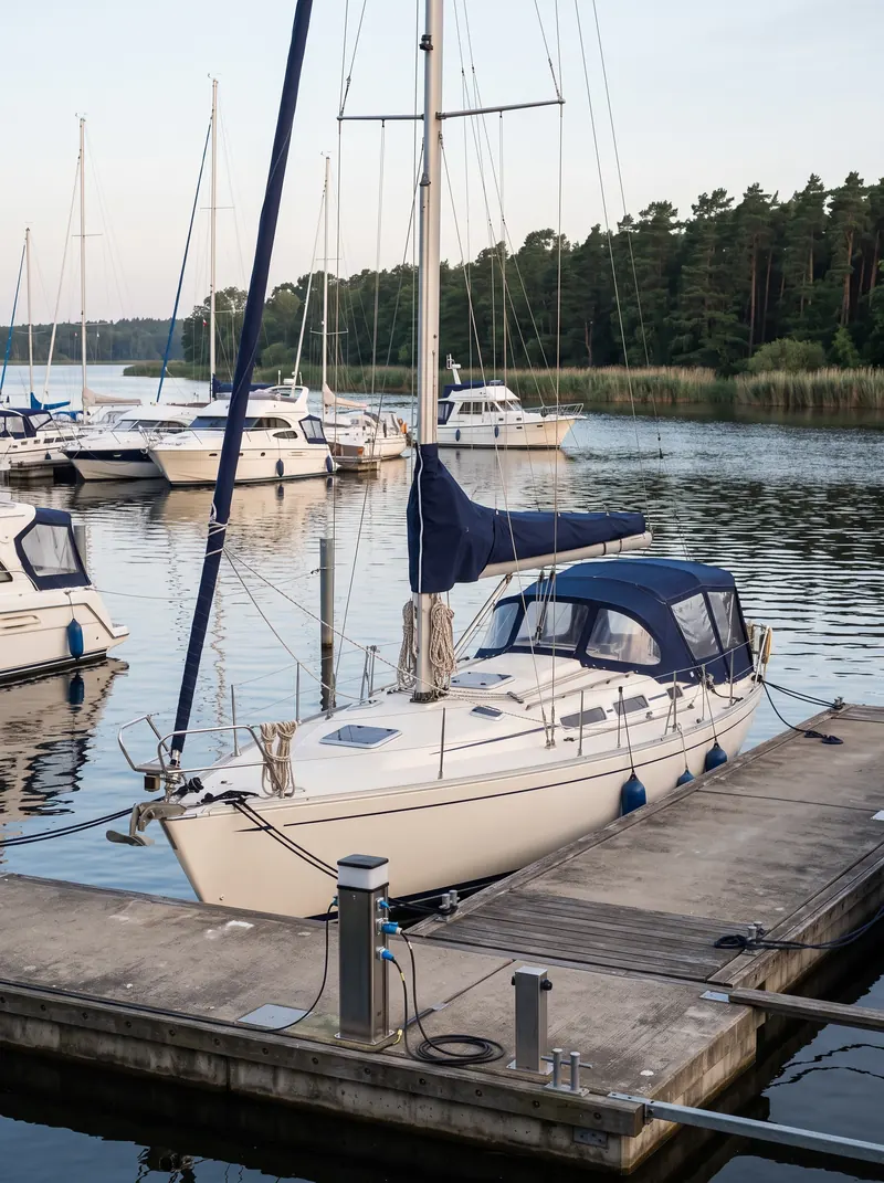 Segelyacht am Steg mit dunkelblauem Baumkleid und neuer Cockpitabdeckung