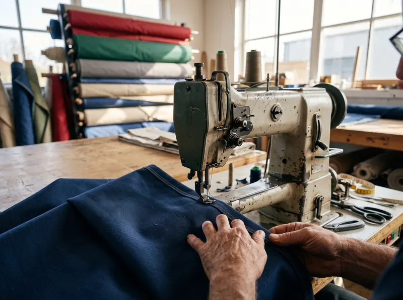 Hände führen dunkelblauen Persenningstoff durch eine Industrienähmaschine
