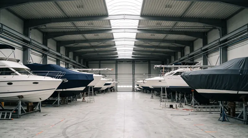 Bootshalle im Winterlager mit Motor- und Segelyachten unter Winterpersenningen