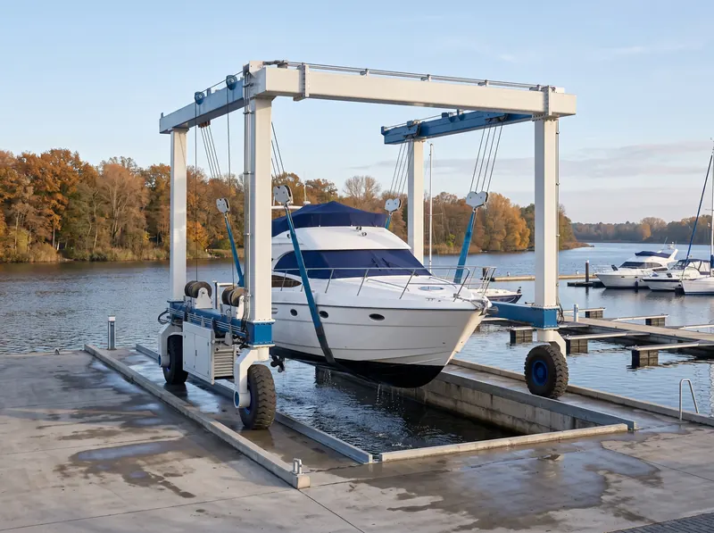 Kran hebt eine Motorjacht mit dunkelblauer Persenning aus dem Wasser