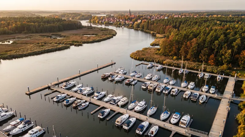 Marina an der Havel von oben mit Motor- und Segelyachten an Schwimmstegen, Kirchturm am anderen Ufer