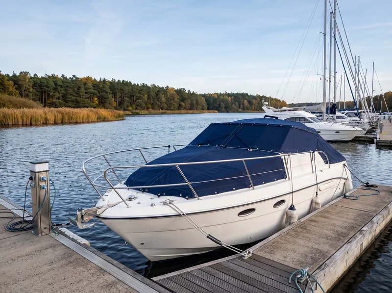 Motorjacht am Schwimmsteg mit passgenauer dunkelblauer Hafenpersenning über Vorschiff und Cockpit