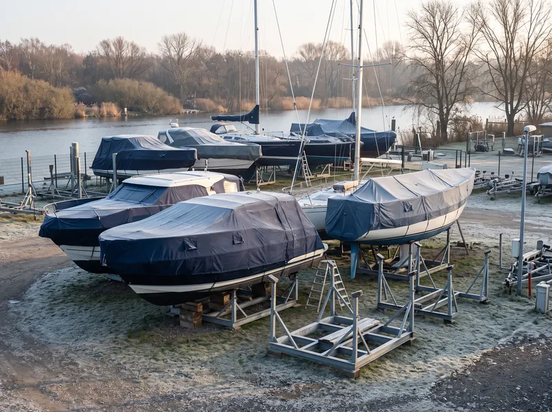 Yachten im Winterlager an der Havel unter passgenauen Winterpersenningen, Raureif am Morgen